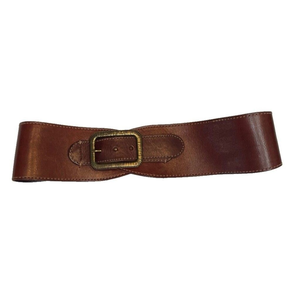 Women's Wide Contour Leather Belt Chocolate Brown Antique Brass Buckle Size S